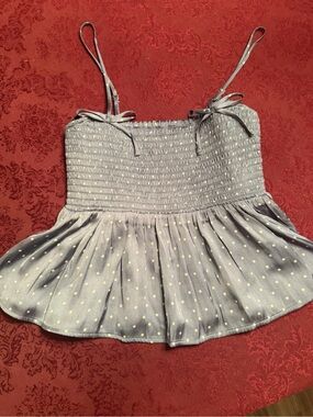 American Eagle Outfitters Light Gray Polka Dot Smocked Peplum Cami